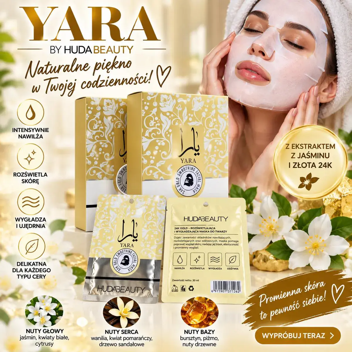 YARA by HUDA BEAUTY Maska do twarzy z ekstraktem jaśminu i złota 24K 30ml