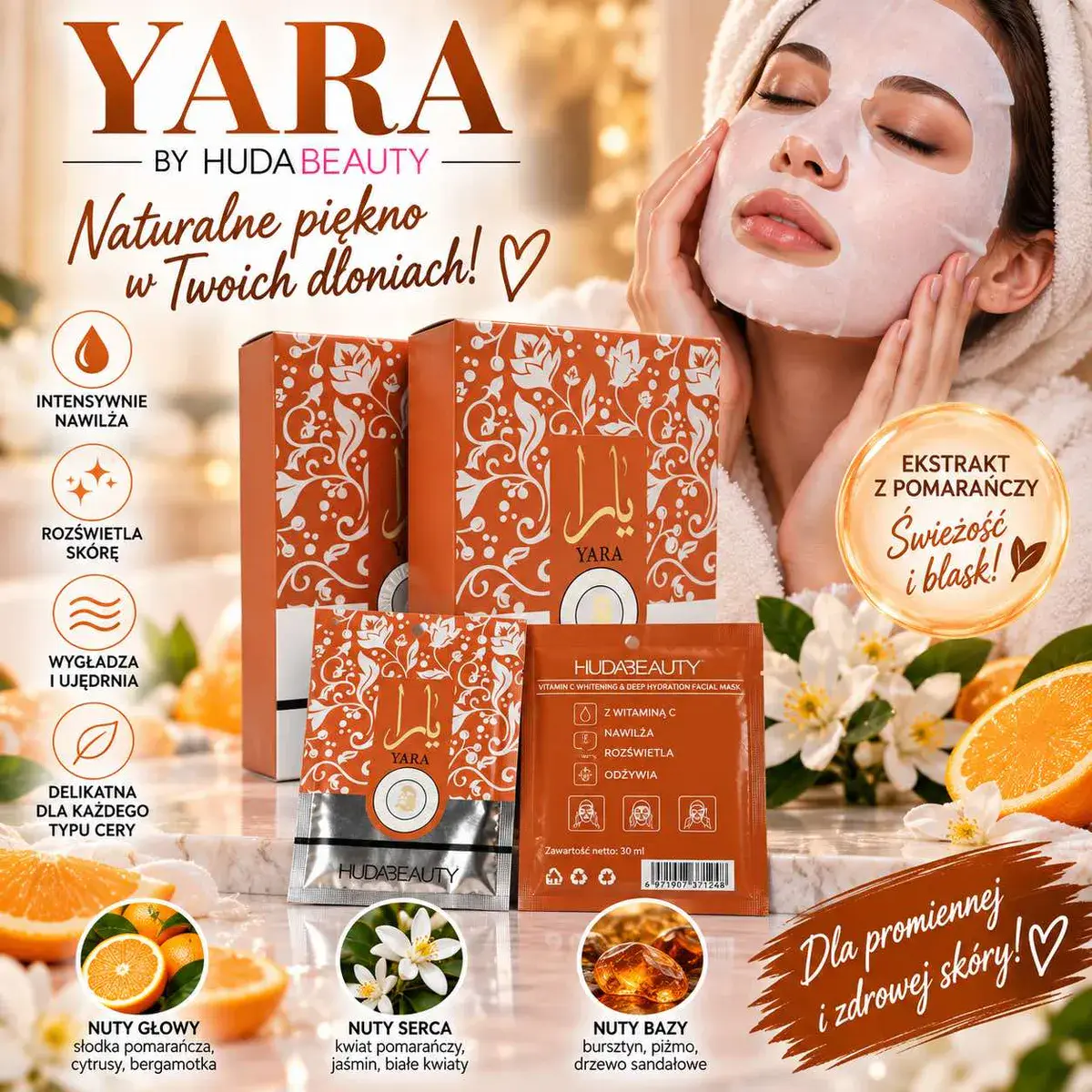 YARA by HUDA BEAUTY Maska na twarz z ekstraktem z pomarańczy 30 ml