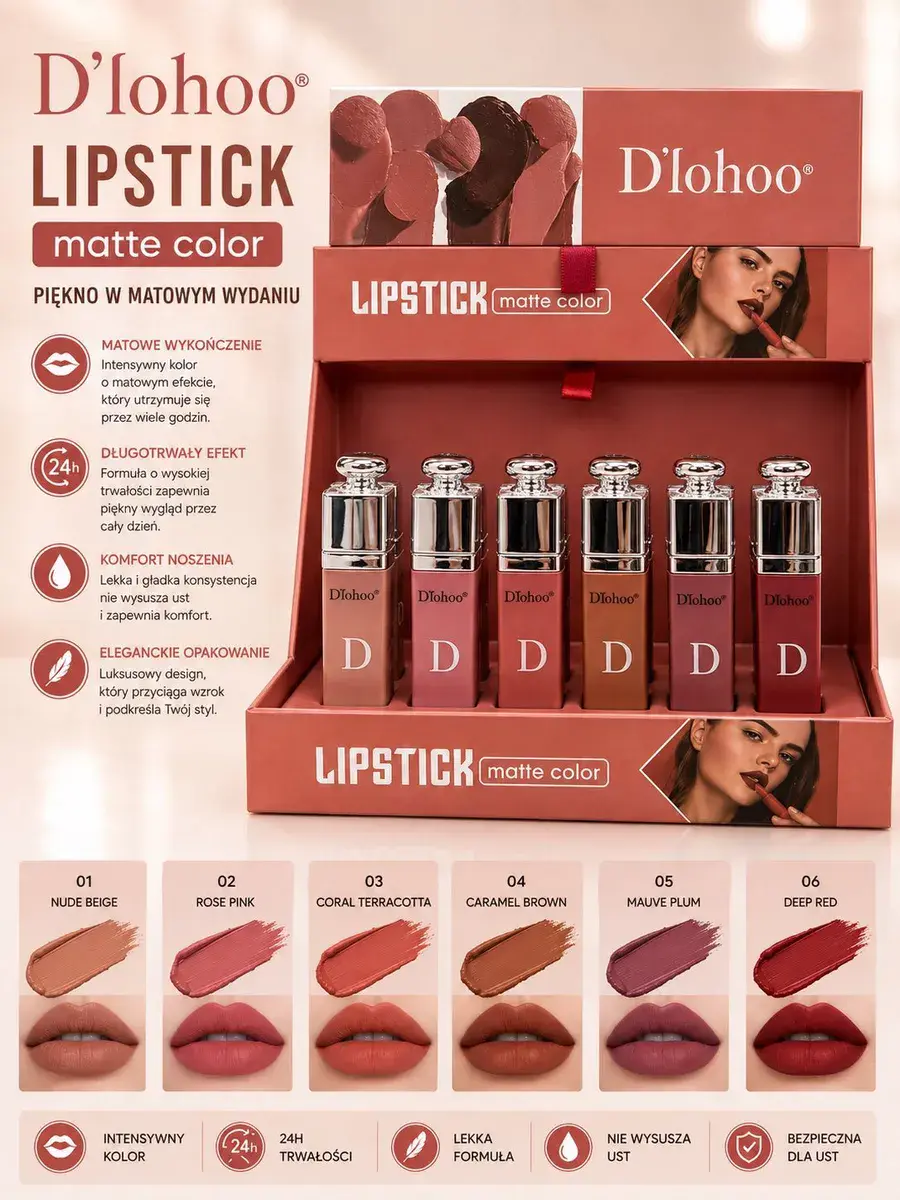 Pomadki do ust D'lohoo Matte Color zestaw 6 kolorów
