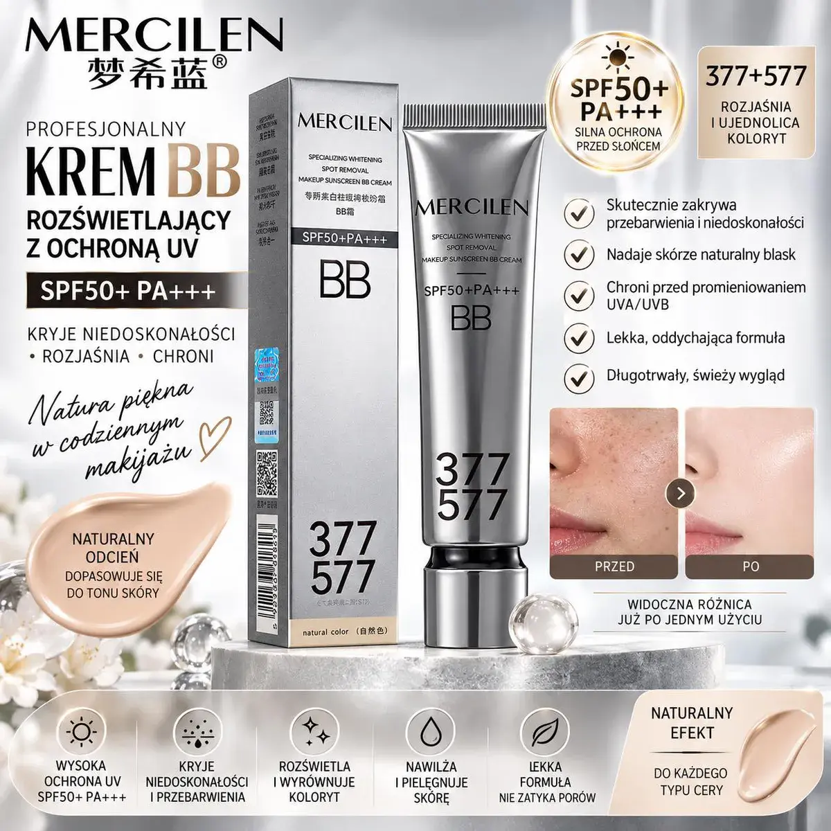 Mercilen Rozświetlający Krem BB SPF50+ PA+++ Naturalny Odcień