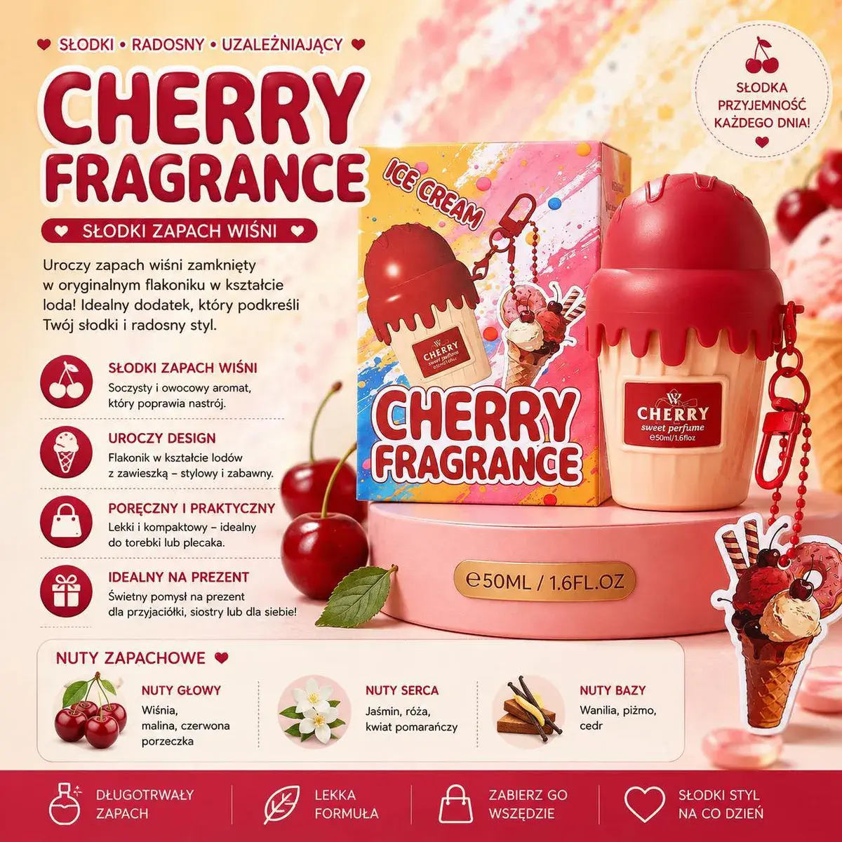 Cherry Fragrance Perfumy o zapachu wiśni 50ml z zawieszką lodówka