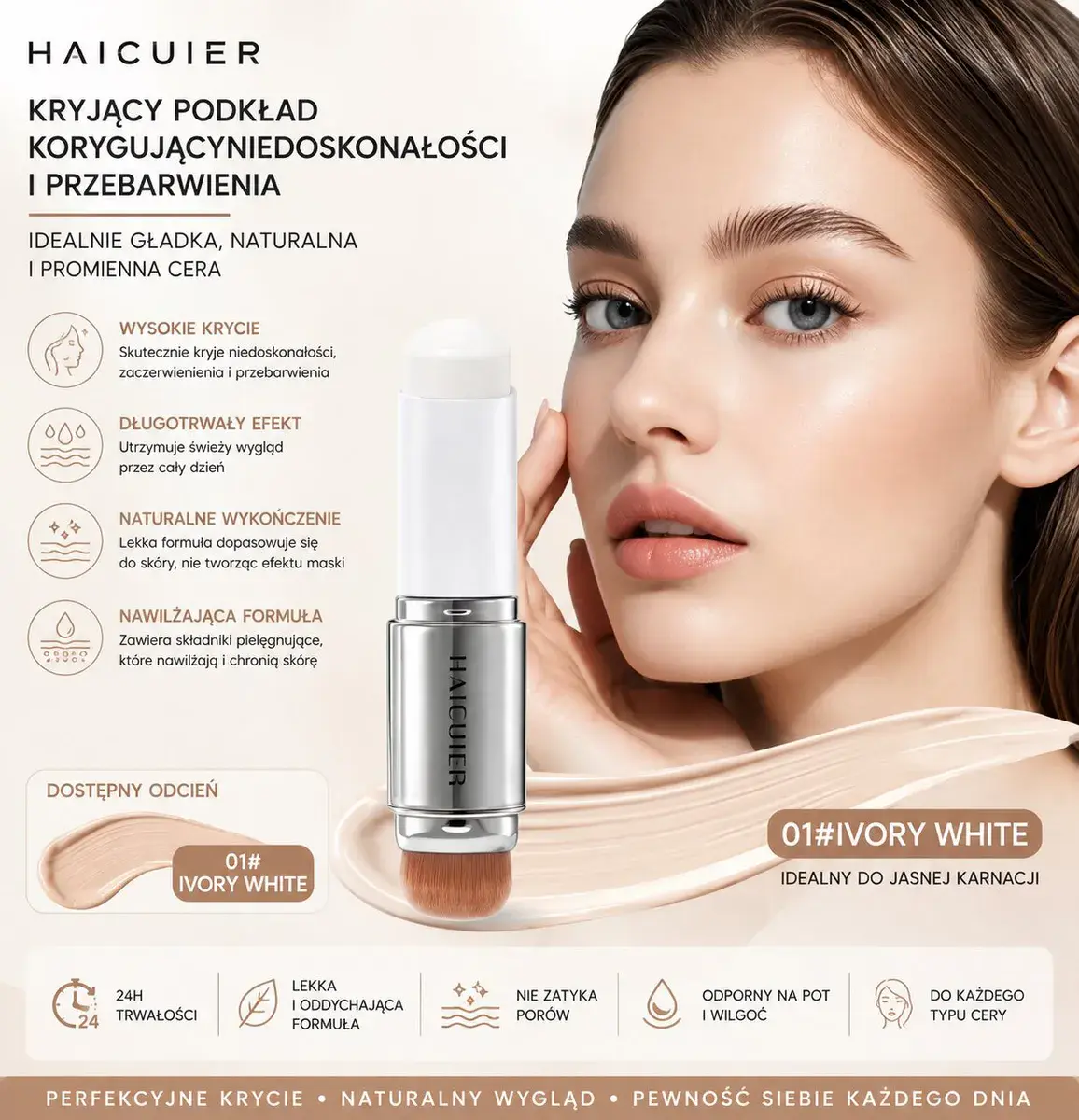 Podkład w sztyfcie HAICUIER Ivory White 01# z pędzelkiem