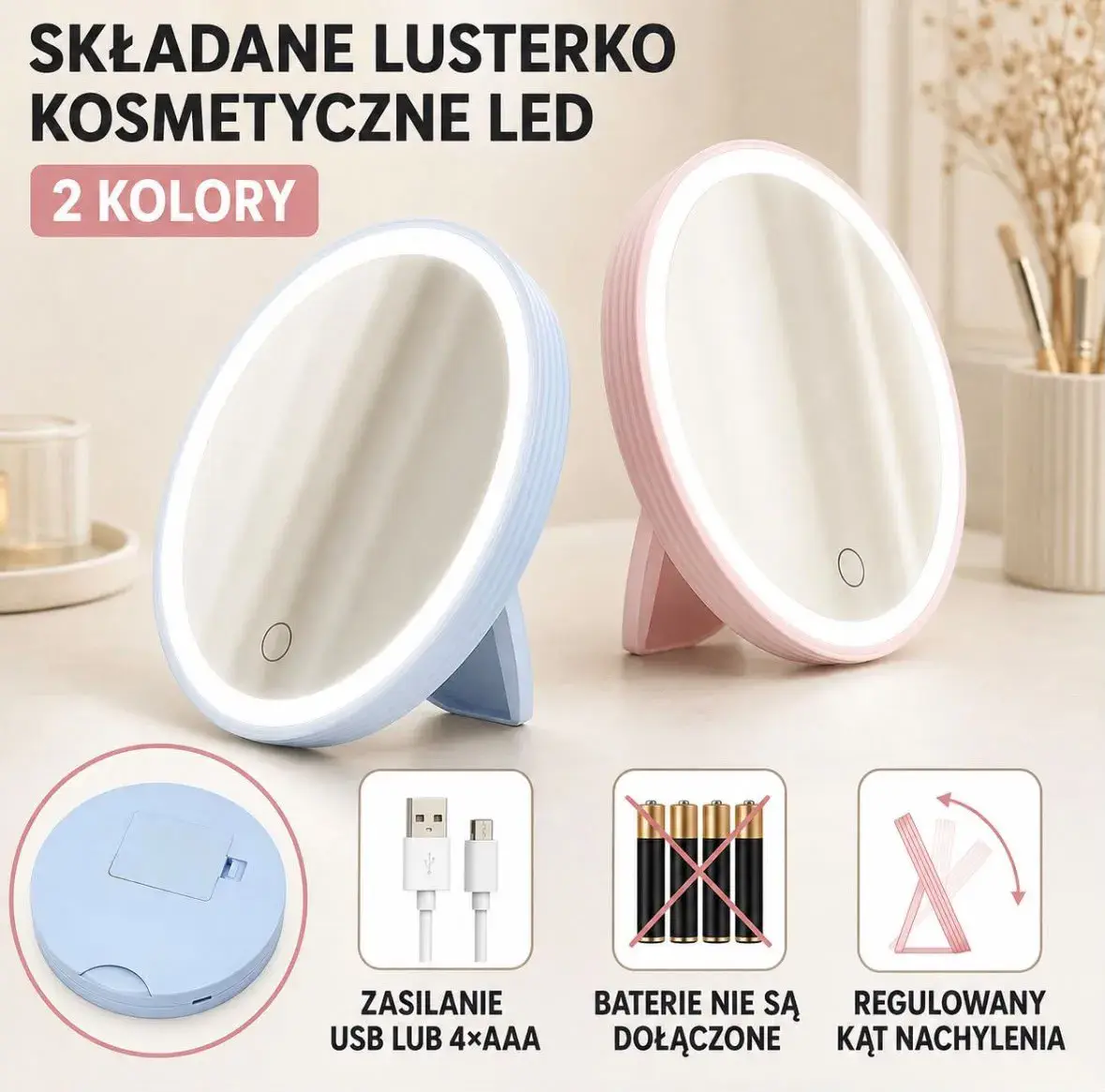 Składane lusterko kosmetyczne LED z regulacją kąta i podświetleniem USB/AAA
