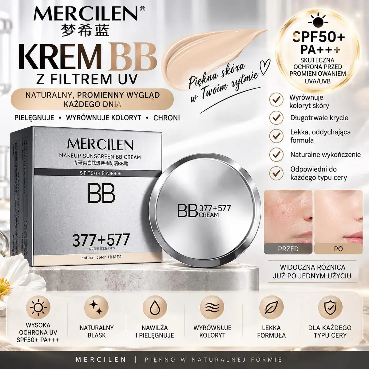 MERCILEN Krem BB SPF50+ PA+++ Naturalny Kolor 377+577