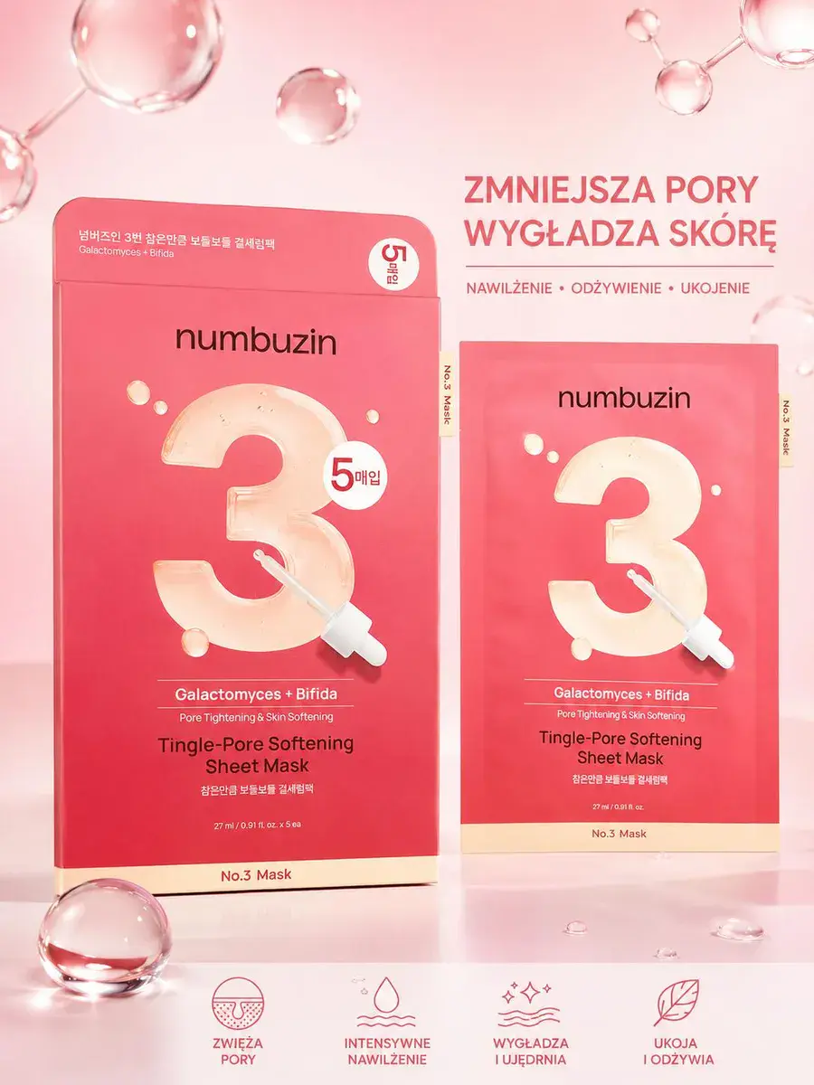 Numbuzin No.3 Tingle-Pore Softening Maska w płachcie 27 ml x5