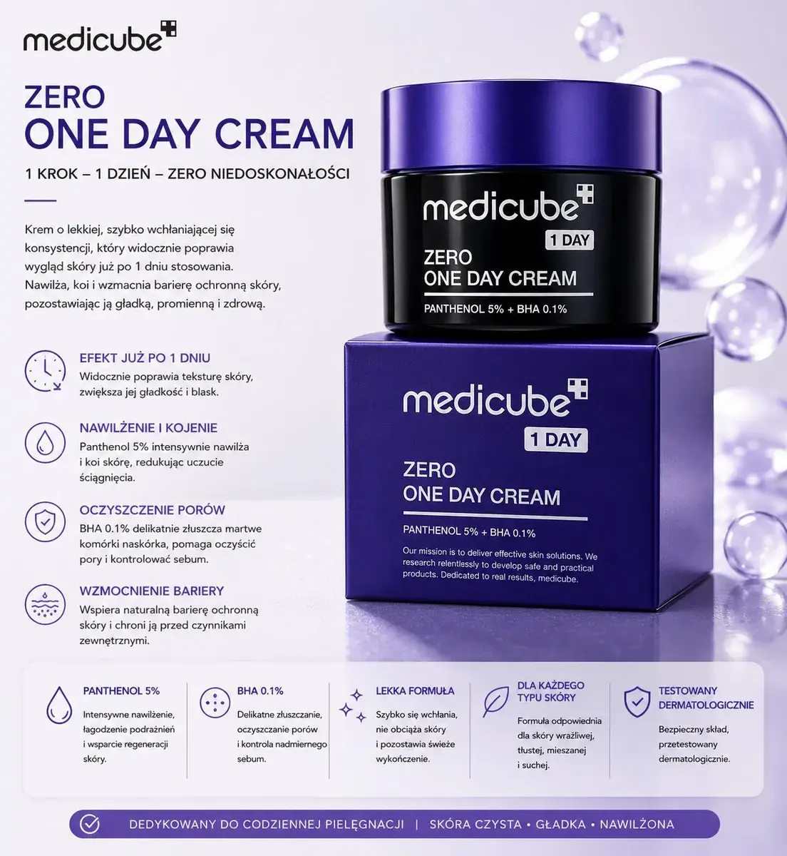 medicube Zero One Day Cream krem nawilżający z Panthenolem i BHA