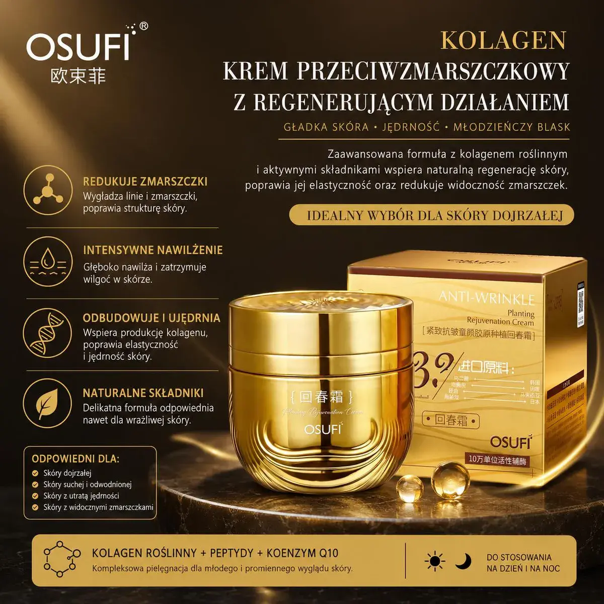 Krem przeciwzmarszczkowy OSUFI z kolagenem roślinnym i Q10 złoty