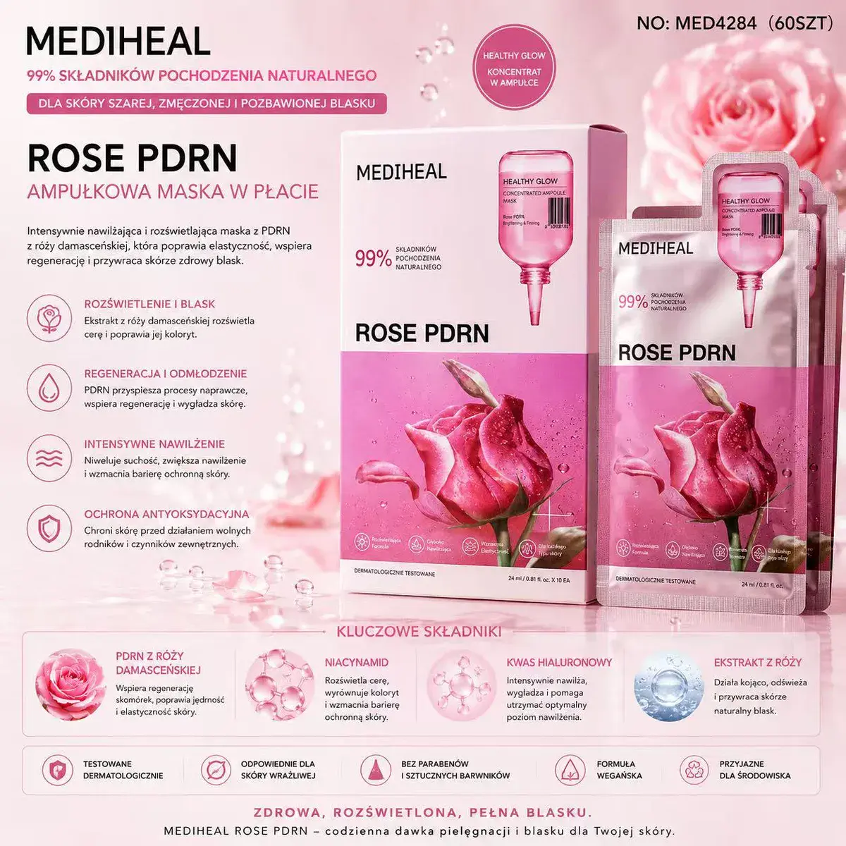 Mediheal Rose PDRN Ampułkowa Maska w Płacie 24 ml różowa