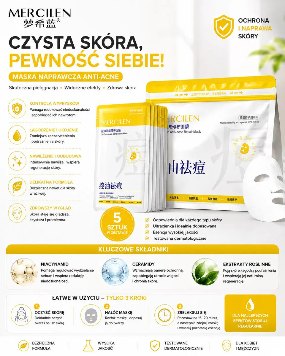 Mercilen Maska Naprawcza Anti-Acne 5 sztuk do skóry z niedoskonałościami