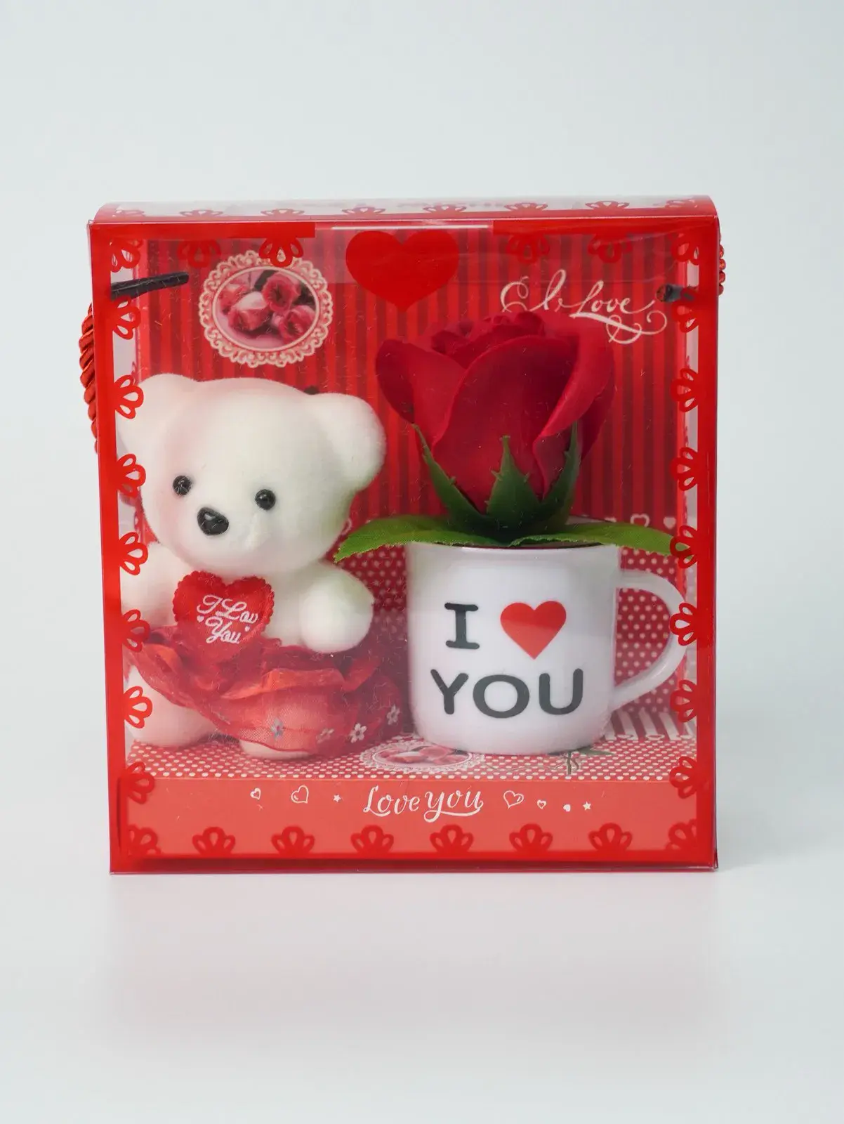 Zestaw prezentowy Walentynki: miś, róża, kubek I Love You