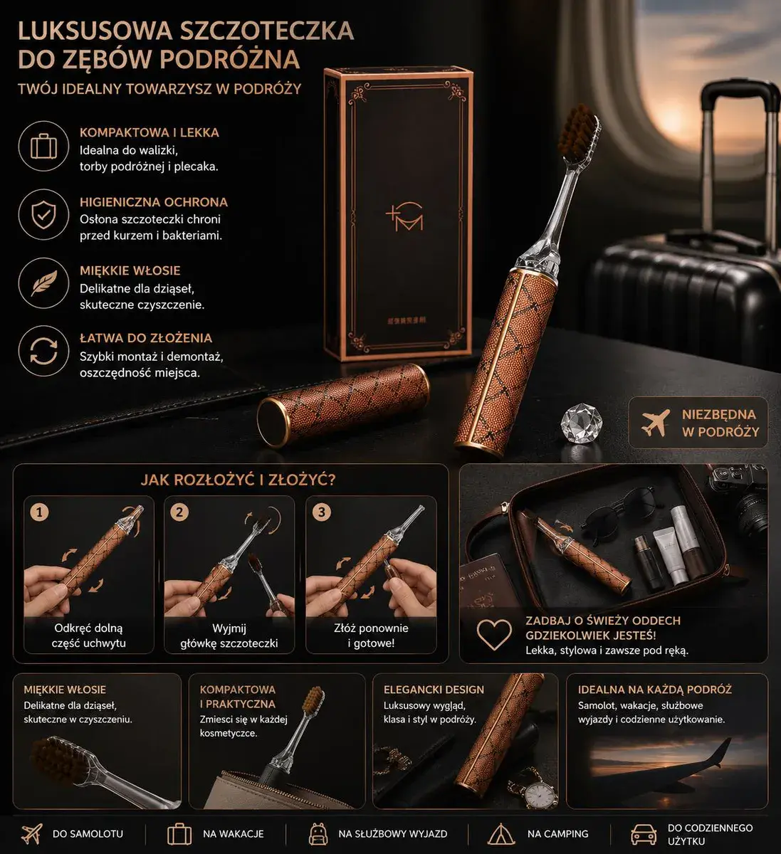 Luksusowa szczoteczka podróżna do zębów z miękkim włosiem brązowa