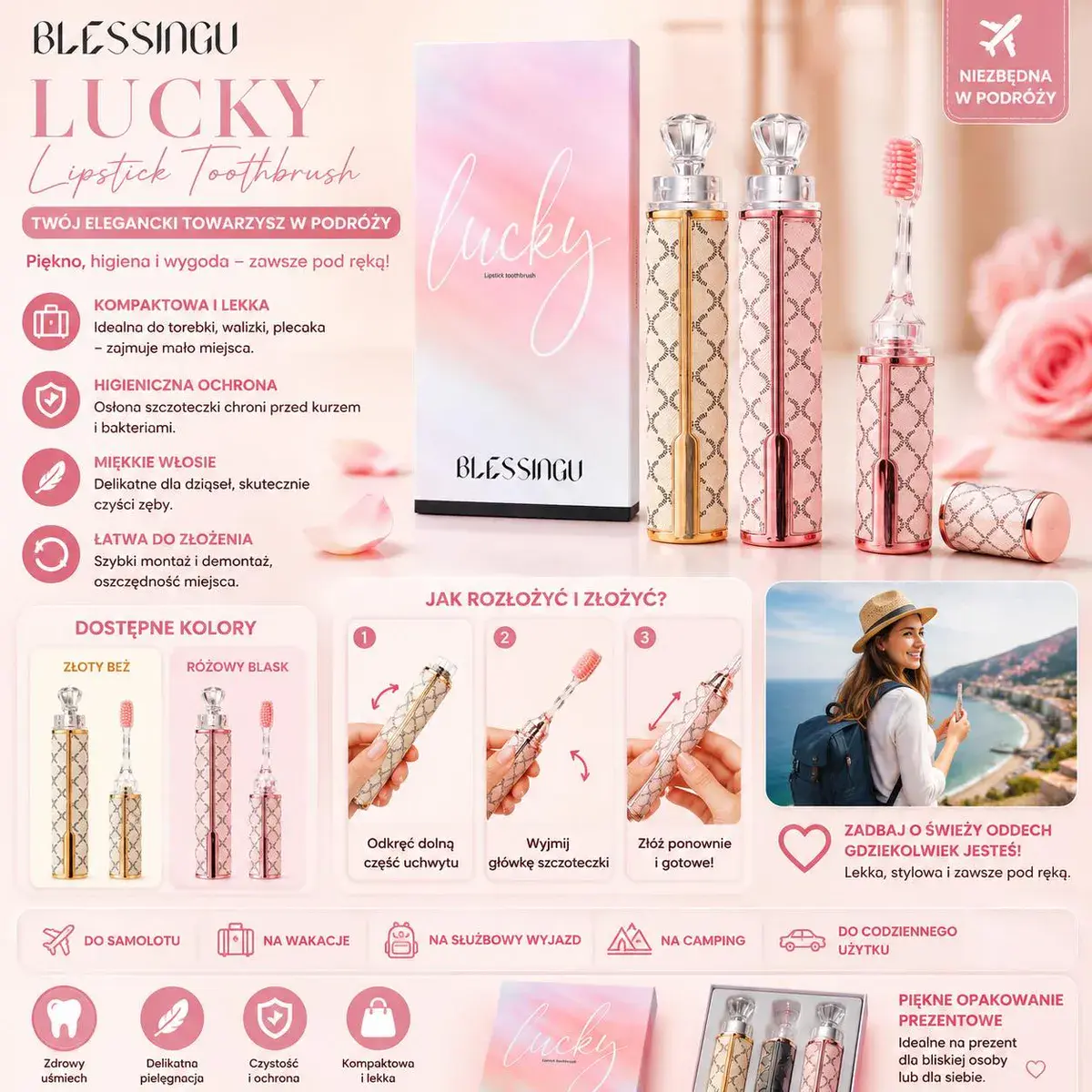 Zestaw szczoteczek podróżnych do zębów 2 szt. złoty beż i różowy blask