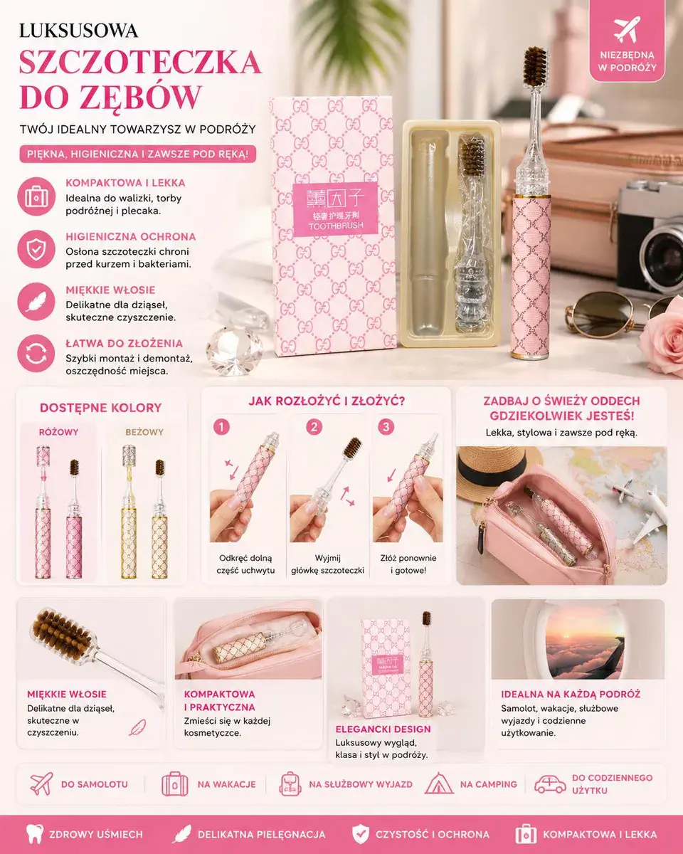 Luksusowa szczoteczka podróżna do zębów różowa z miękkim włosiem