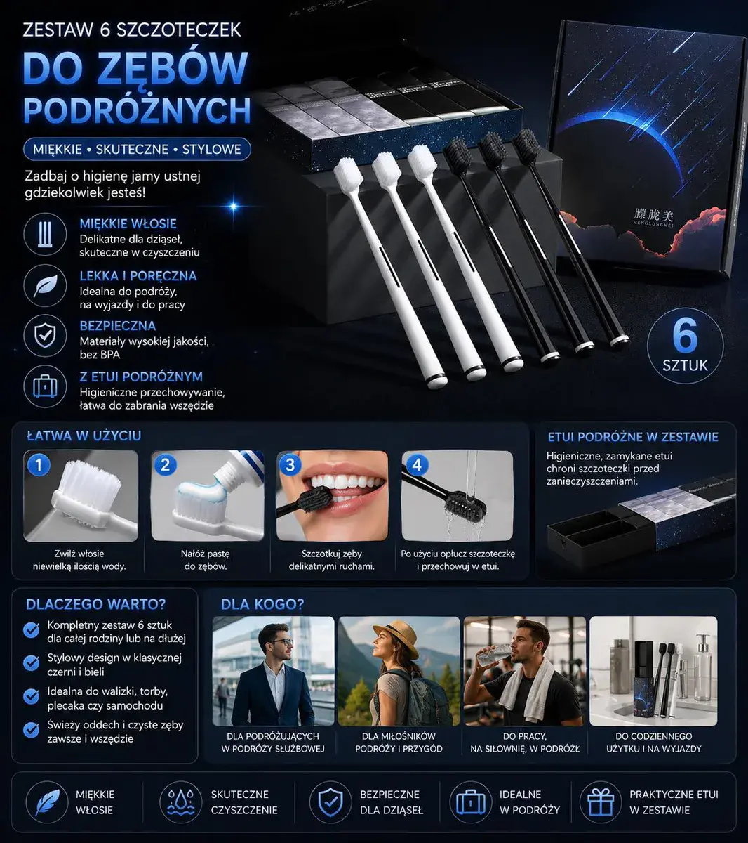 Zestaw 6 szczoteczek do zębów podróżnych czarno-białych z etui