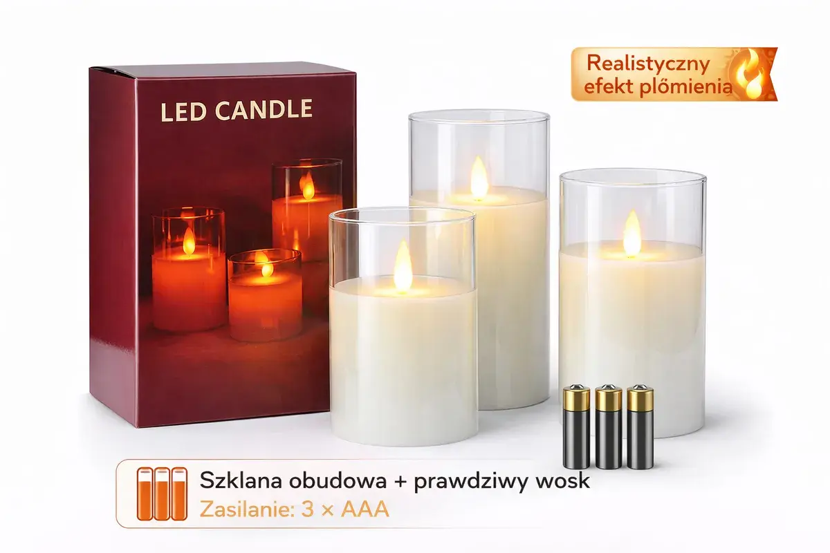 Świece LED ze szklaną obudową i woskiem naturalnym, zestaw 3 sztuk