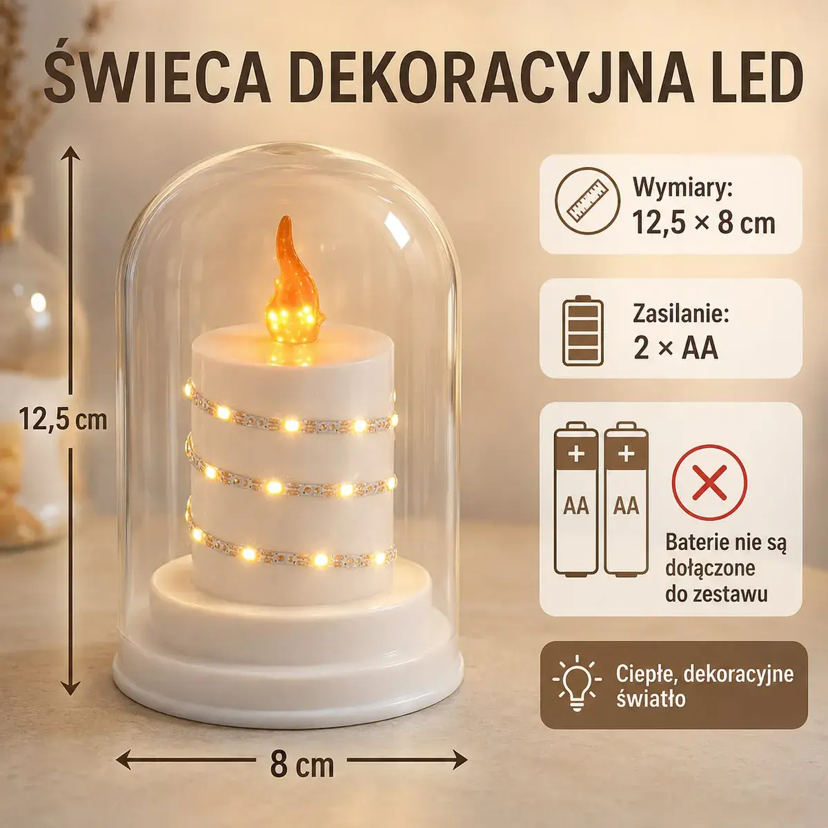 Świeca dekoracyjna LED 12,5x8 cm z ciepłym światłem