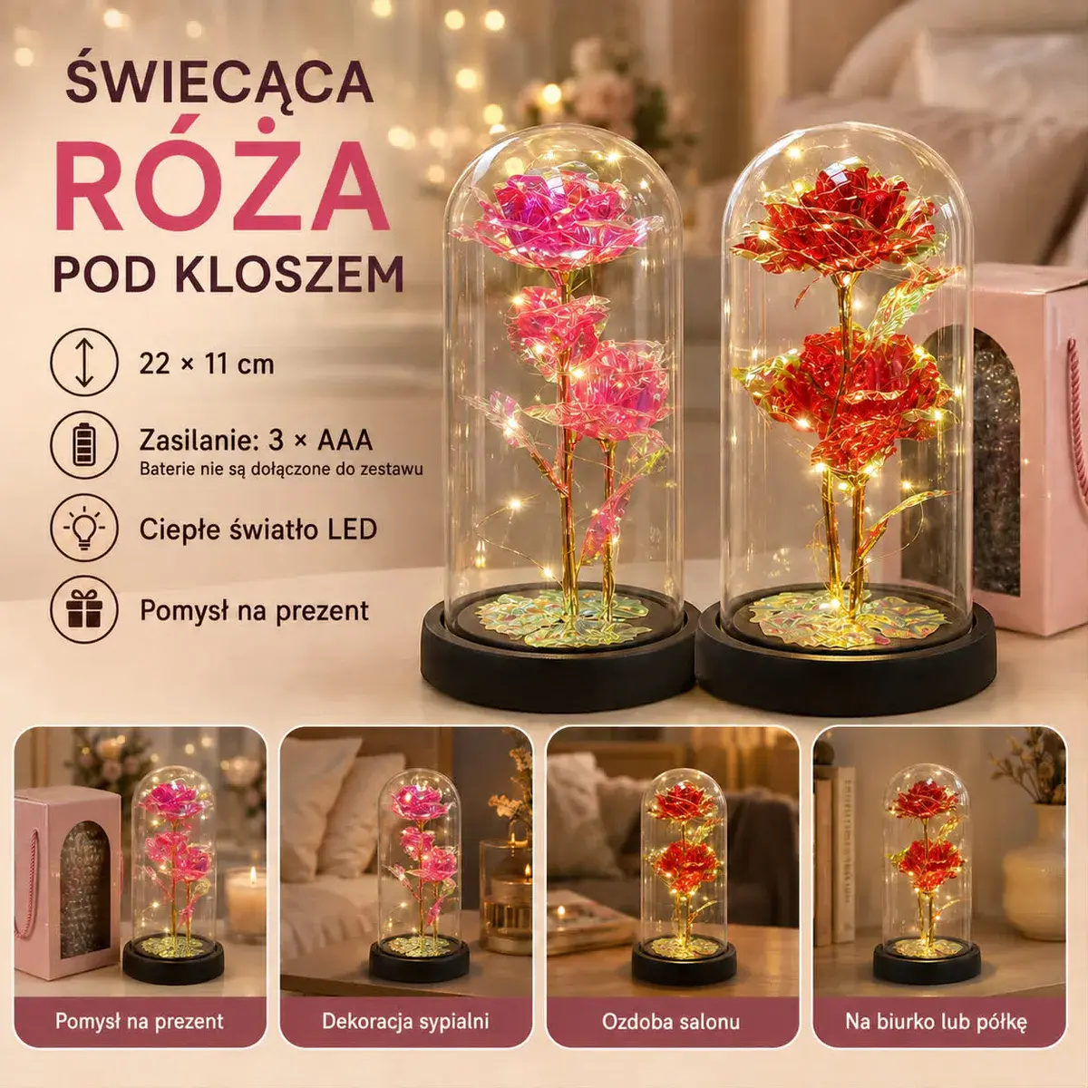 Świecąca róża LED pod kloszem 22x11 cm dekoracja prezent
