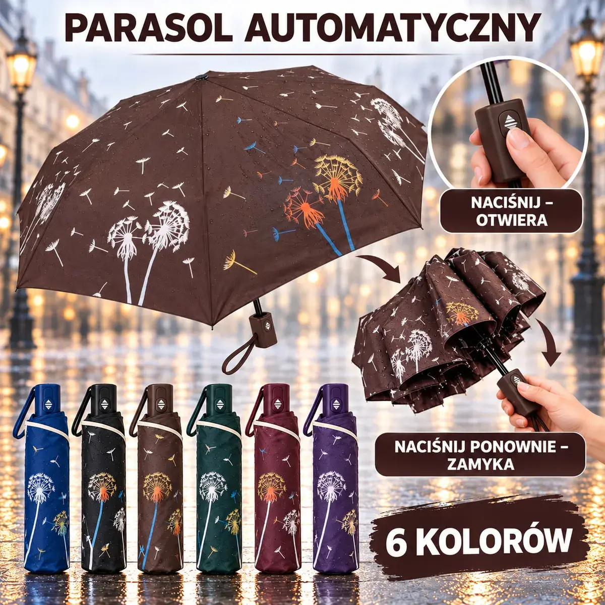 Automatyczny parasol składany z motywem dmuchawca 6 kolorów mix