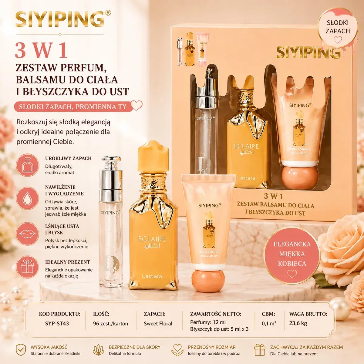 Zestaw prezentowy SIYIPING 3w1 perfum, balsamu i błyszczyka Sweet Floral