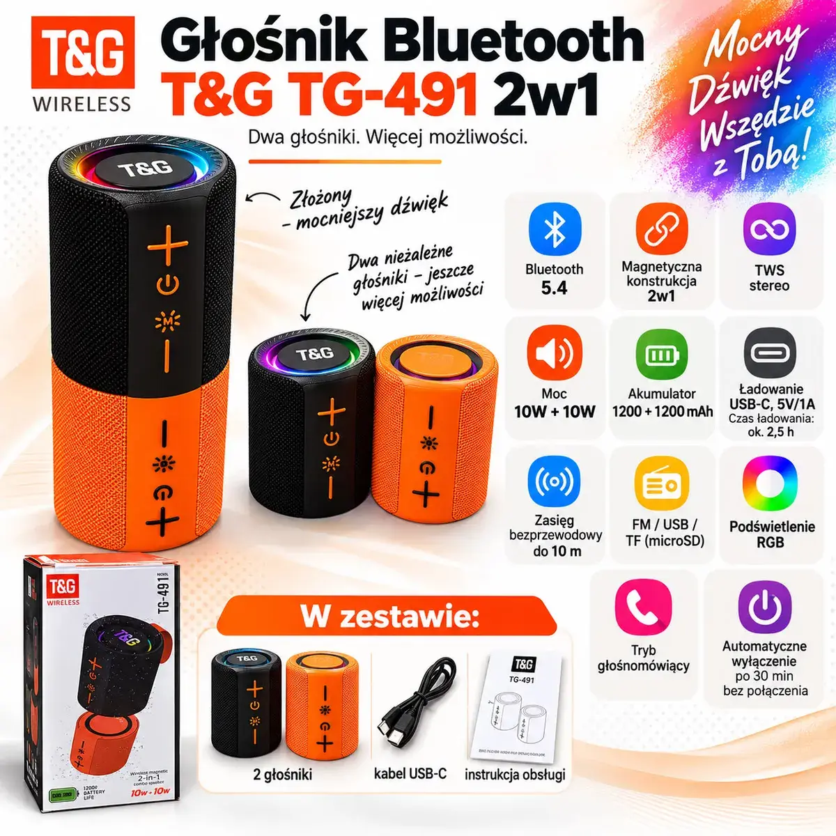 Głośnik Bluetooth T&G TG-491 2w1 magnetyczny pomarańczowo-czarny