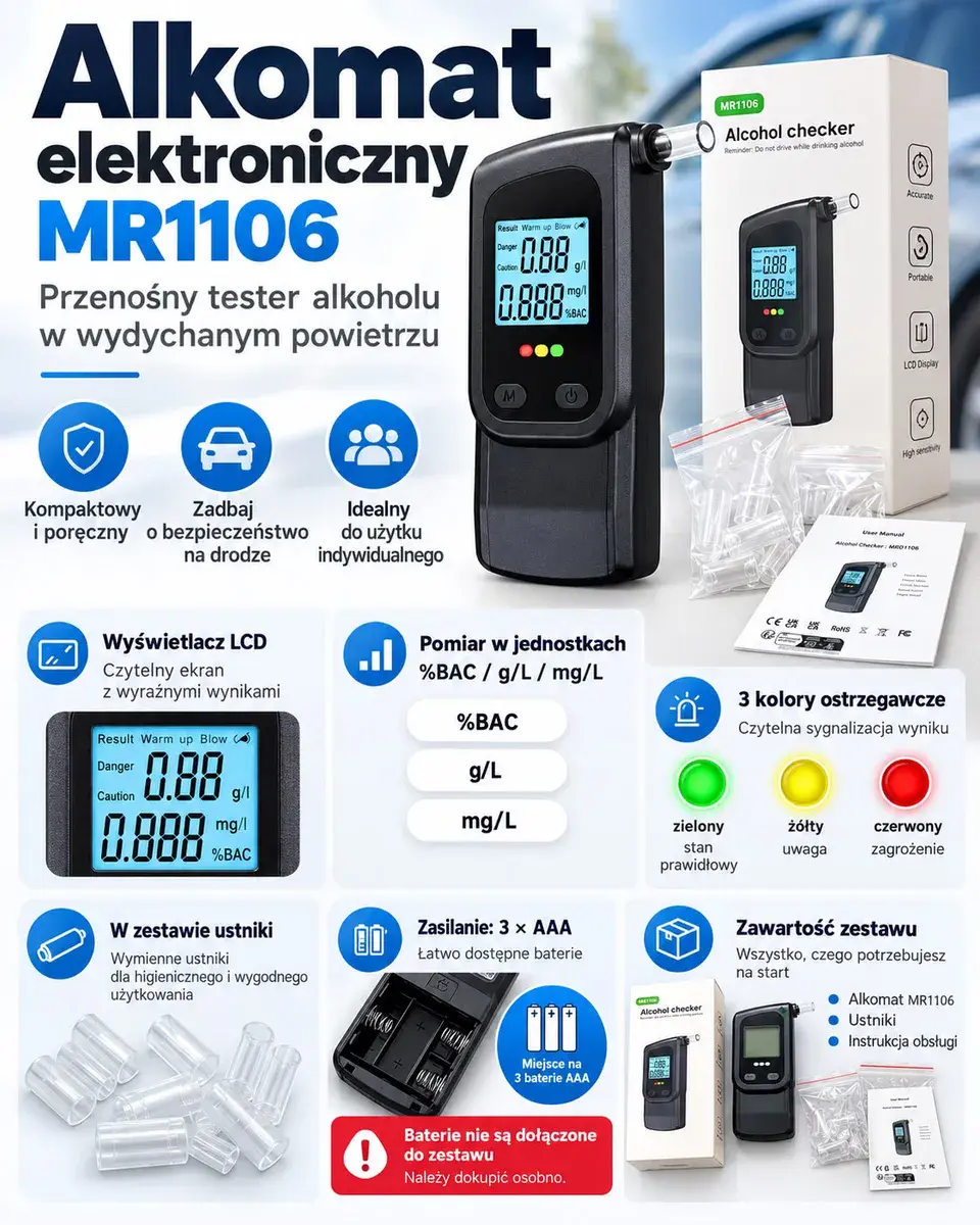 Elektroniczny alkomat MR1106 z wyświetlaczem LCD i ustnikami