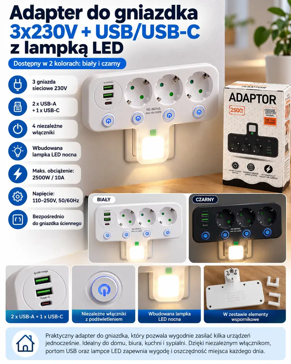 Adapter do gniazdka 3×230V z USB-A, USB-C i lampką LED biały lub czarny