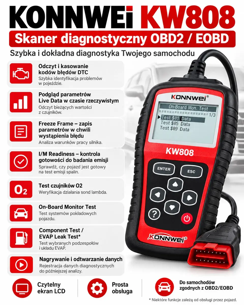 KONNWEI KW808 Skaner diagnostyczny OBD2/EOBD z czytelnym ekranem LCD