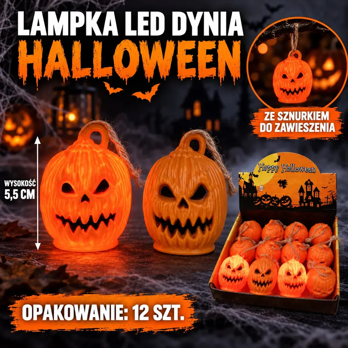 Lampka LED Dynia Halloween pomarańczowa z sznurkiem 5,5 cm