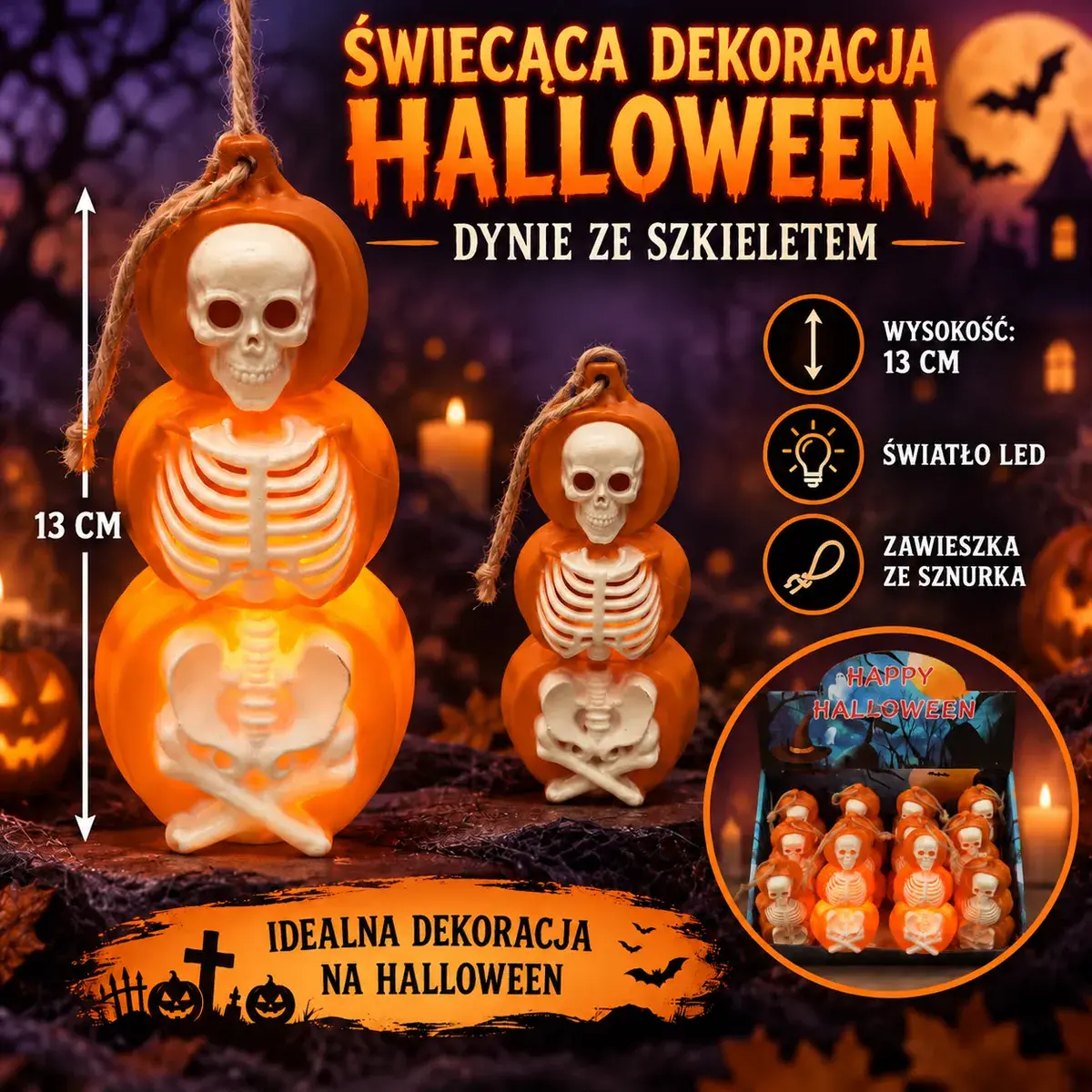 Świecąca dekoracja LED Halloween dynie ze szkieletem 13 cm