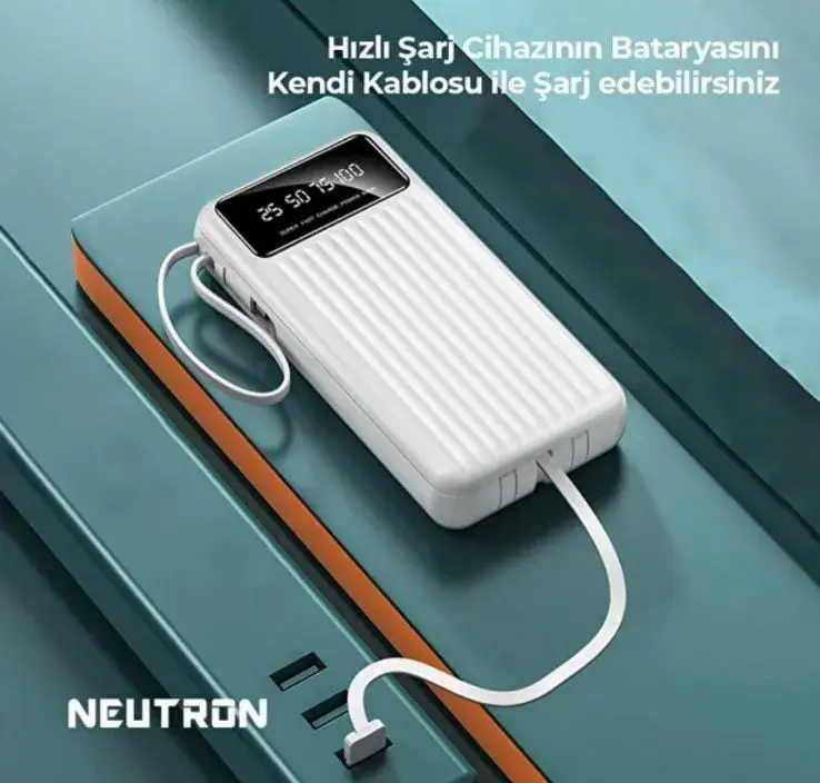 Powerbank Neutron z wyświetlaczem LCD i wbudowanym kablem, biały