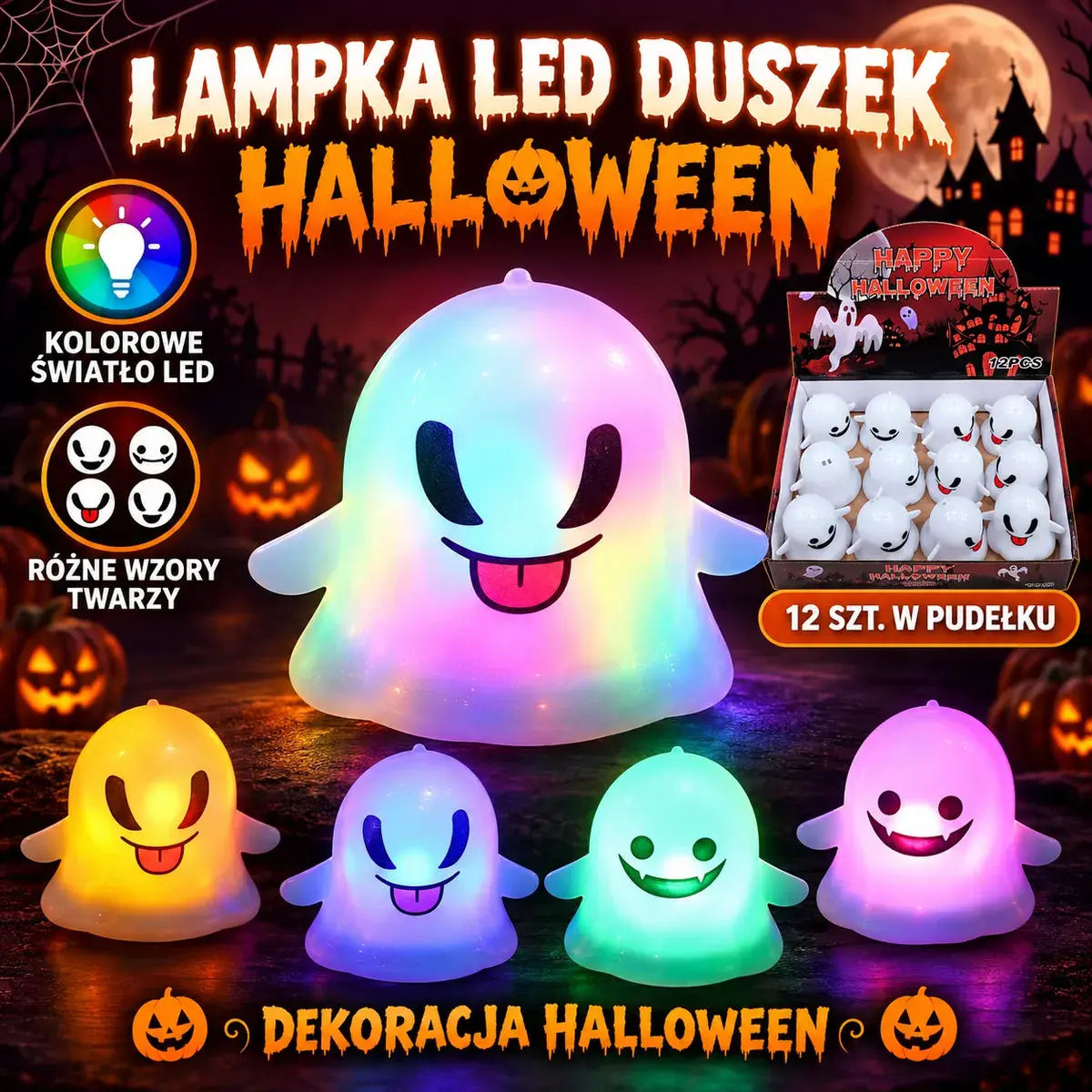 Lampka LED Duszek Halloween kolorowe światło różne wzory