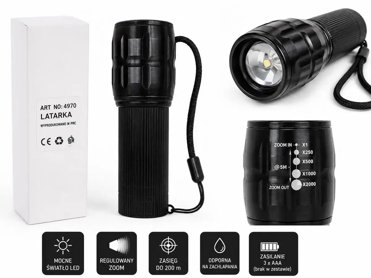 Latarka LED czarna z regulowanym zoomem i zasilaniem 3×AAA