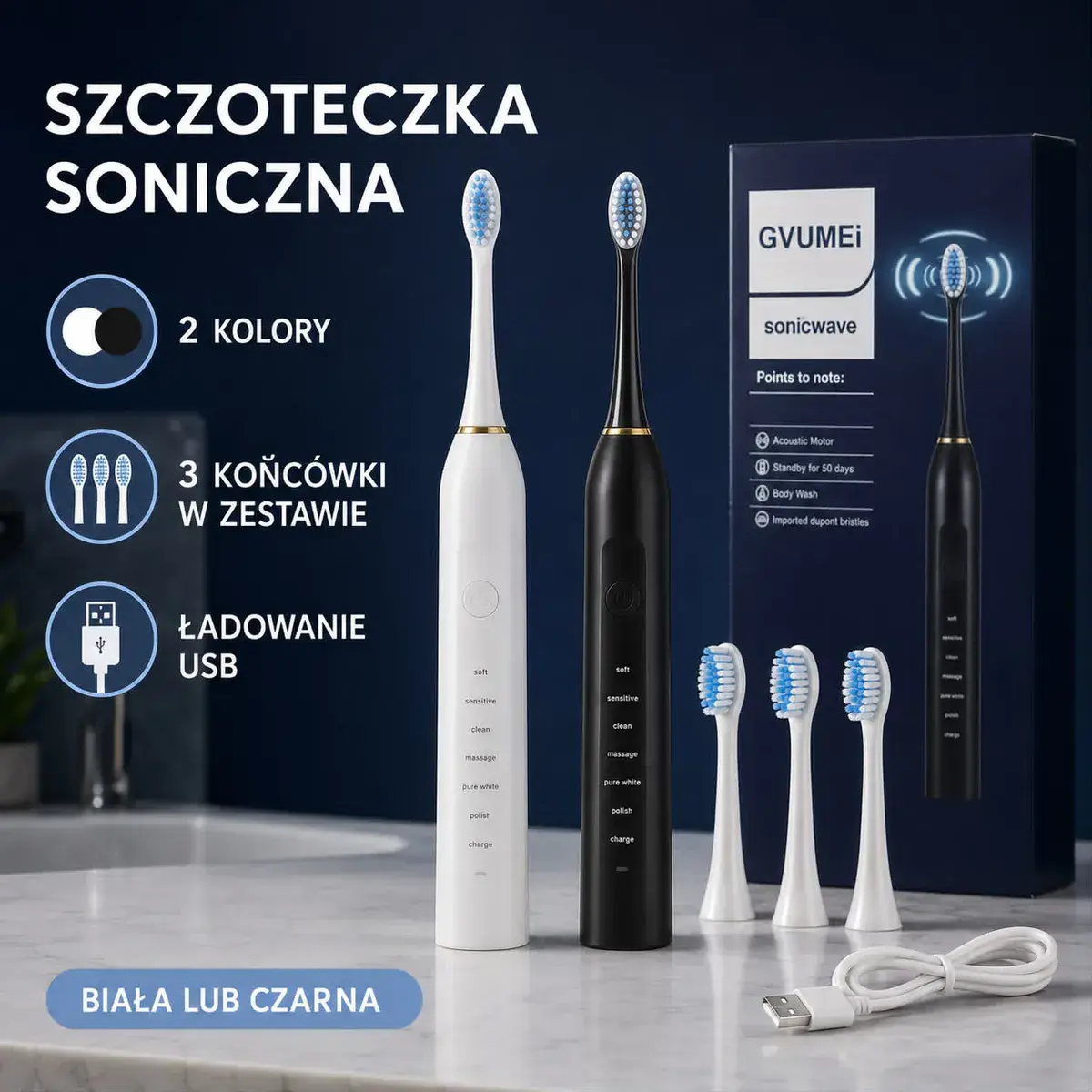 Szczoteczka soniczna USB z 4 końcówkami i 6 trybami biała lub czarna