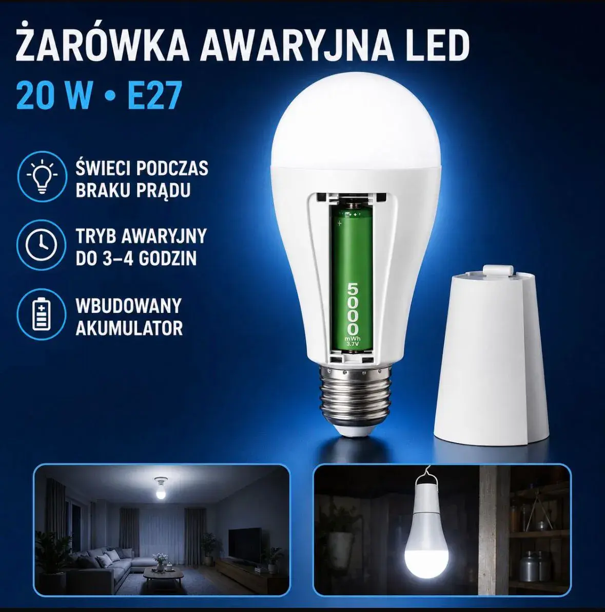 Żarówka awaryjna LED 20 W E27 z akumulatorem i uchwytem