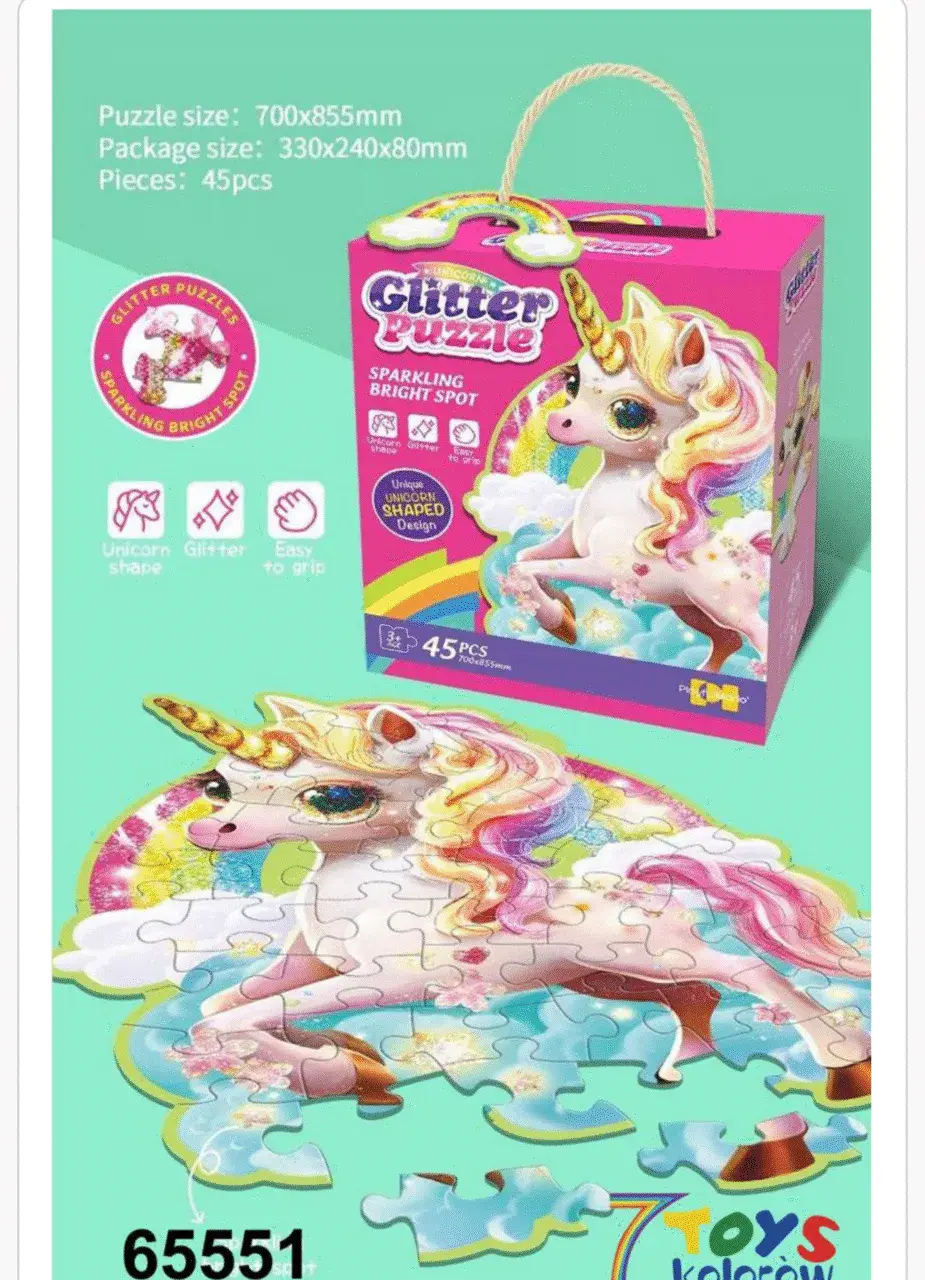 Glitter Puzzle 45PCS Jednorożec Brokatowe 70x85cm Kształtowe