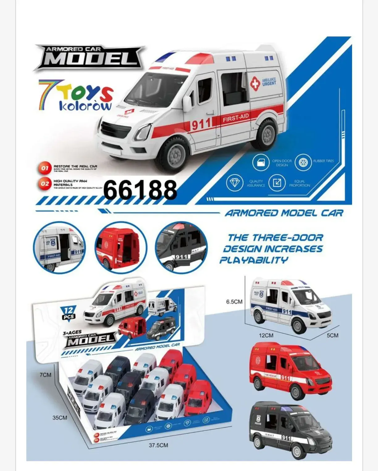Zabawkowy Samochód Ambulans Armored Model 12cm Metalowy 12szt