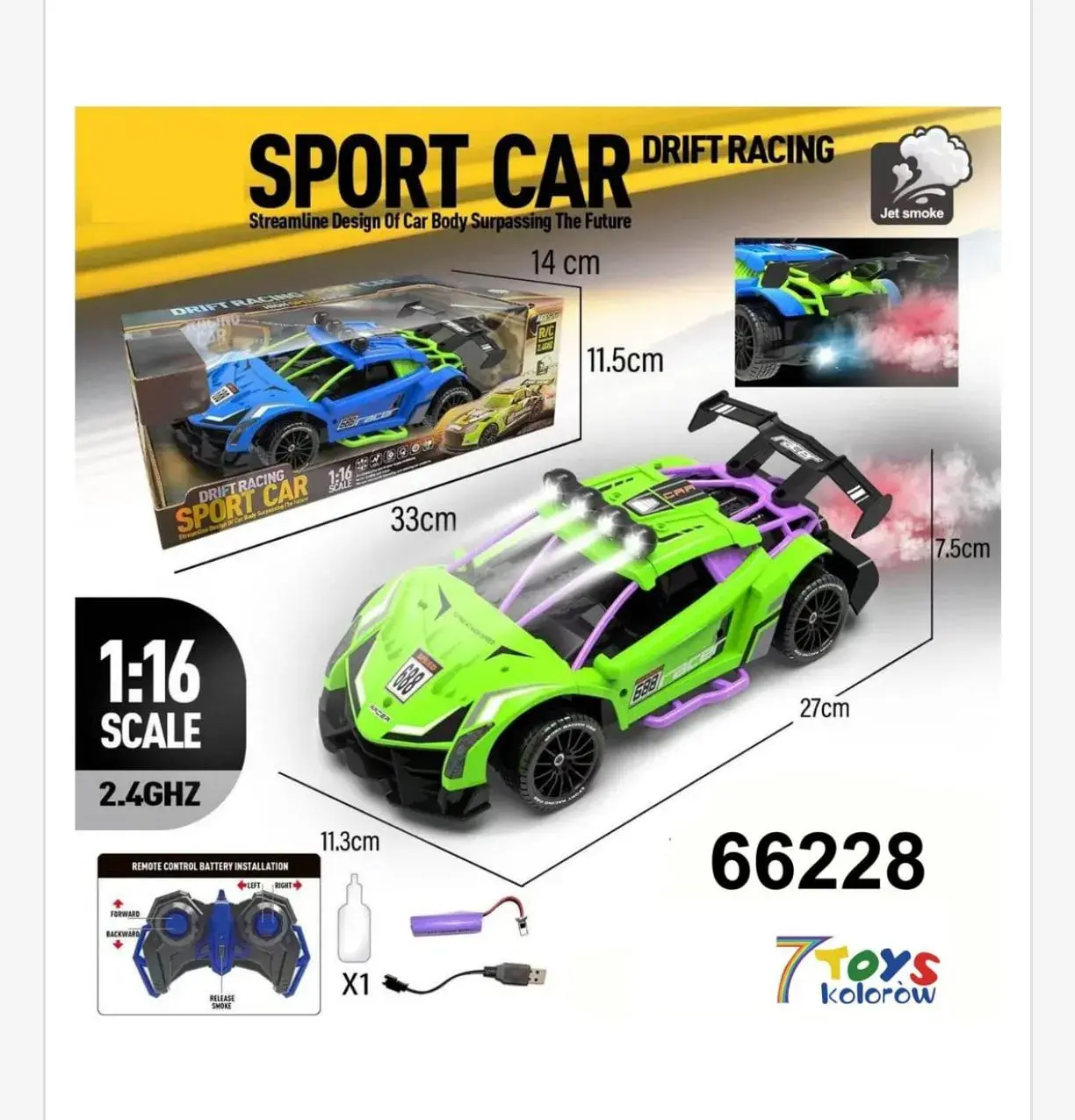 Sterowany Samochód Sport Car Drift Racing 1:16 Jet Smoke 2.4GHz
