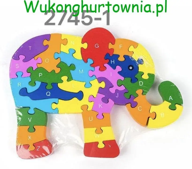Zabawka Drewniana Puzzle Słoń Alfabet Kolorowy