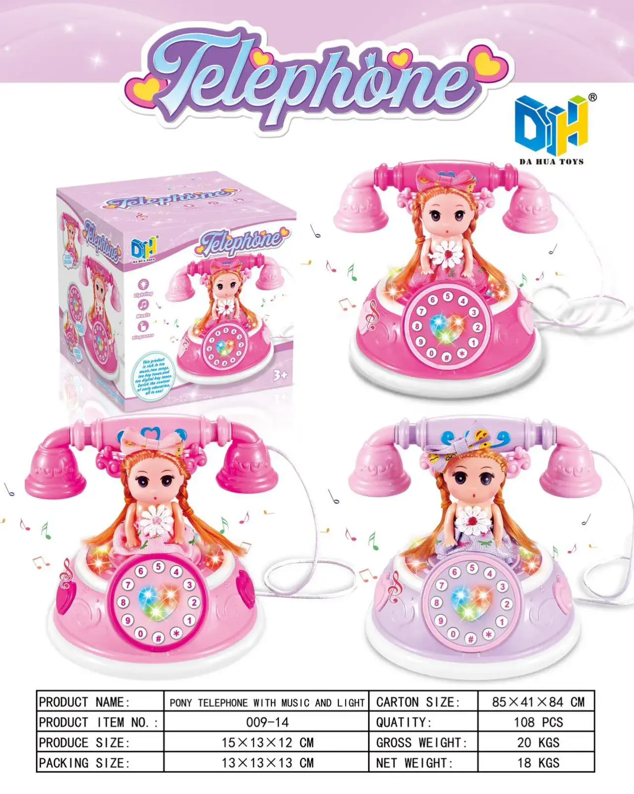 Zabawka Telefon Muzyczny z Lalką Światło i Dźwięk 15cm 12szt