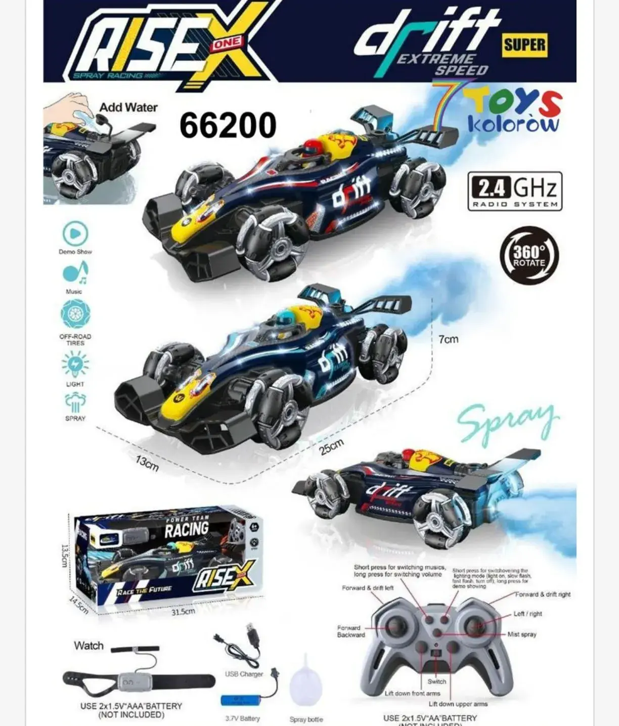 Sterowany Samochód Drift RISE X 25cm Spray Światło 2.4GHz