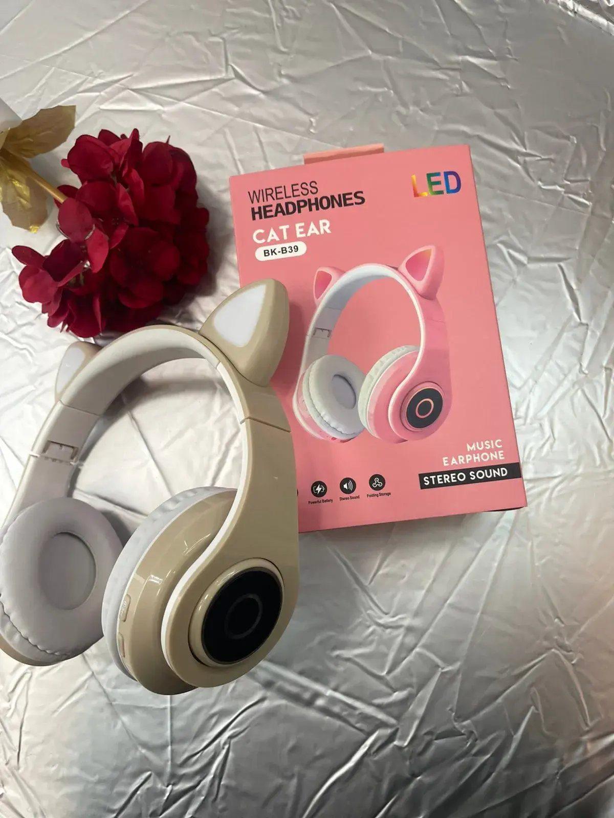 Słuchawki Bezprzewodowe BLUETOOTH Cat Ear LED BK-B39 Beżowe