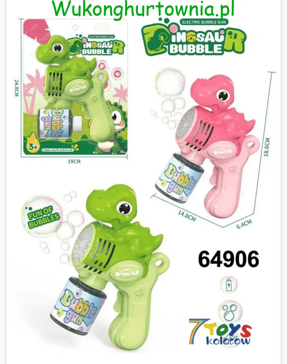 Pistolet do baniek dinozaur elektryczny 18,6cm mix zielony/różowy