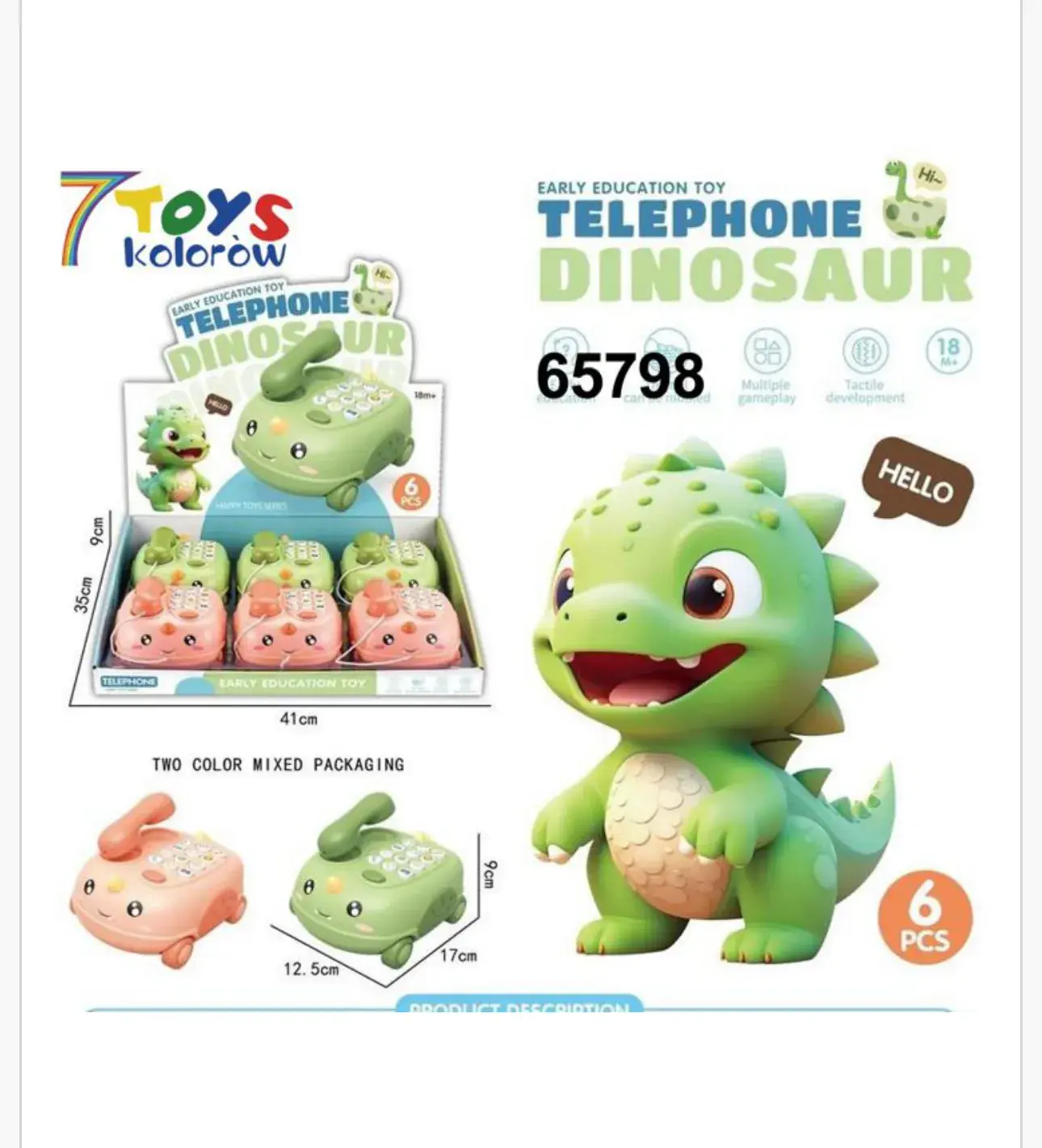 Interaktywny Telefon Zabawkowy Dinozaur 17cm 6szt