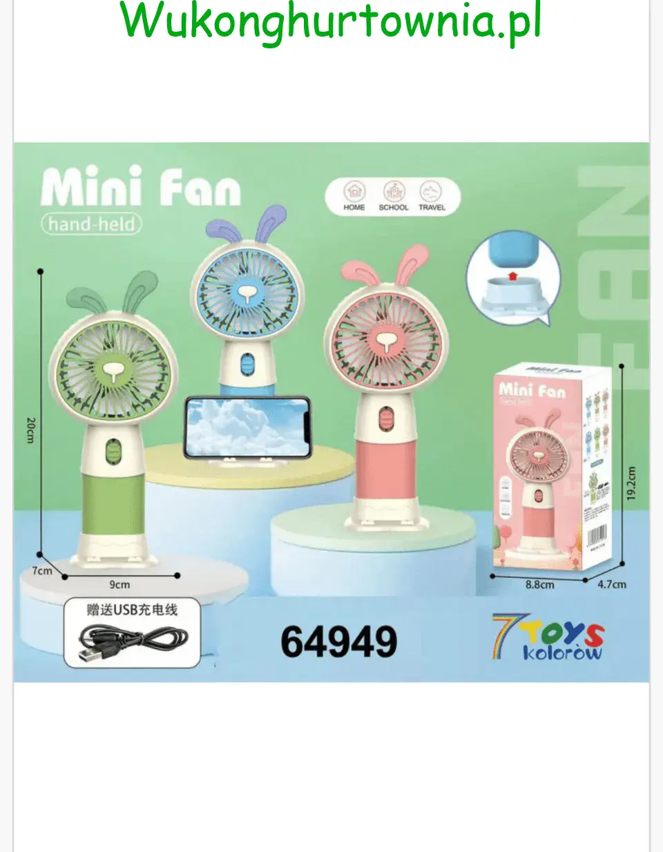 Mini Wiatrak Elektryczny Ręczny USB 20cm Uszy Królika 12szt Mix