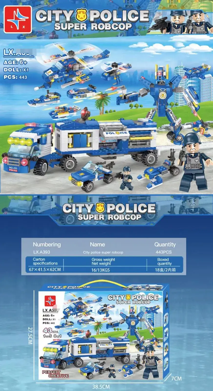 Klocki City Police Super Robcop 443PCS - Zestaw Konstrukcyjny 8w1