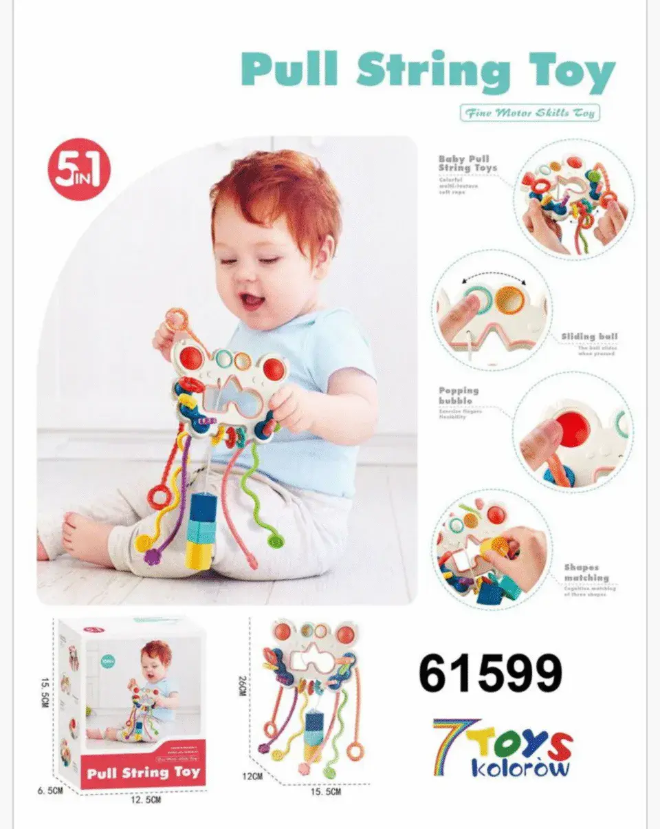 Zabawka sensoryczna Pull String Toy 5w1, gryzak sznurki 26cm