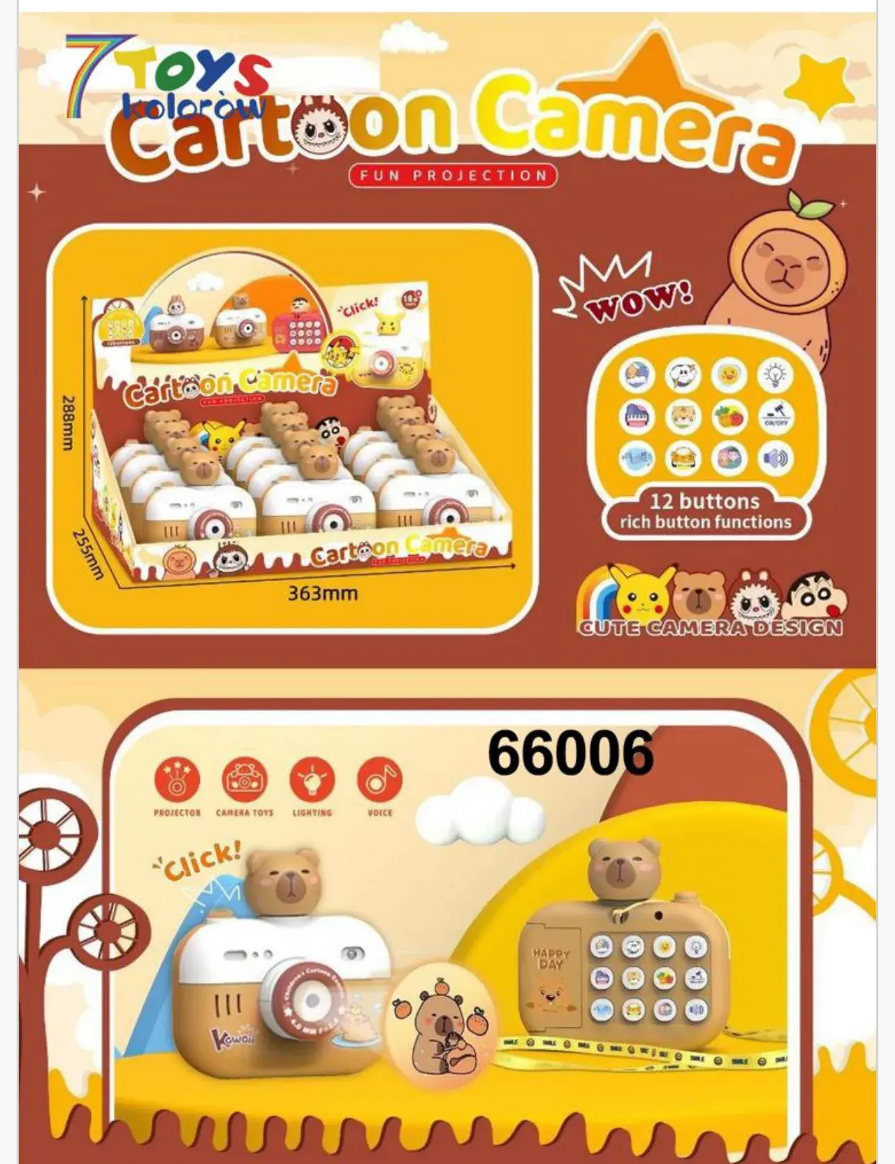 Kamera Projekcyjna Cartoon Camera, 12 przycisków, dźwięk i światło