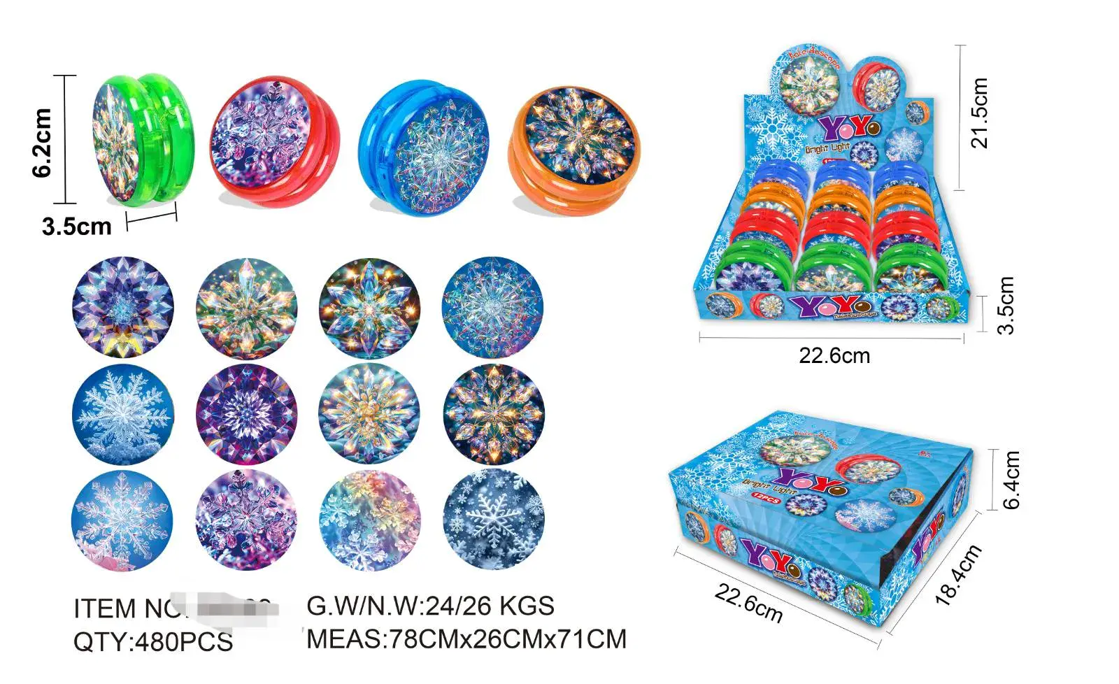Zabawki YOYO 6,2cm Kalejdoskopowe Świecące 12szt