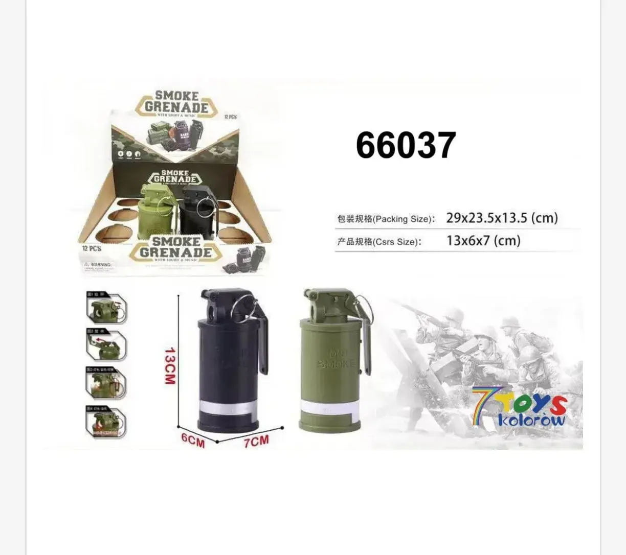 Zabawka Granat Dymny Smoke Grenade 13cm Światło Dźwięk 12szt