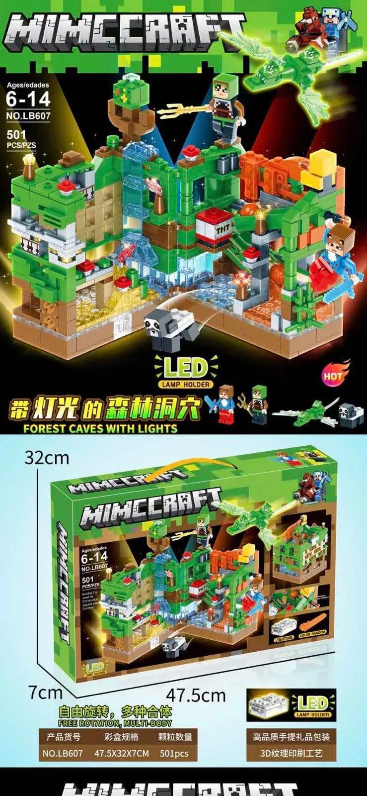 Zestaw klocków Minecraft Forest Caves z LED 32cm